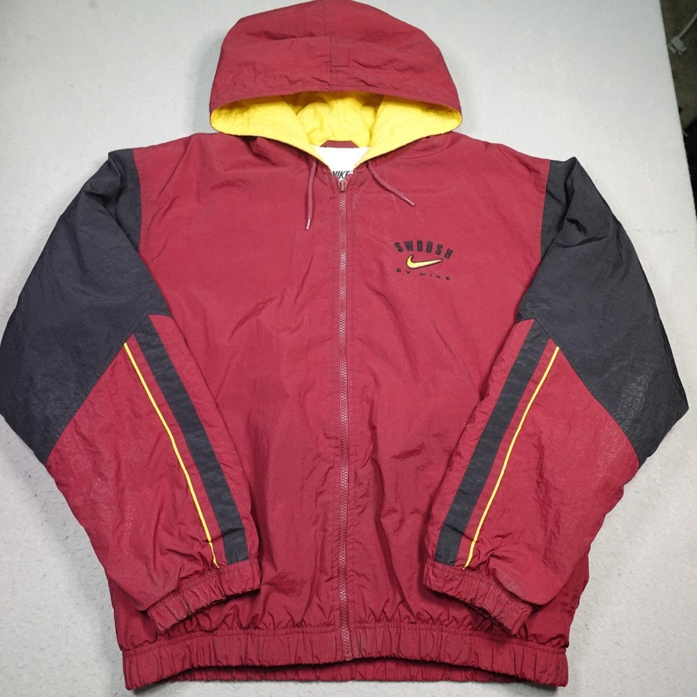 Nike Jacket Mens Medium Red Hooded Insulated Full Zip Windbreaker Swoosh Nylon